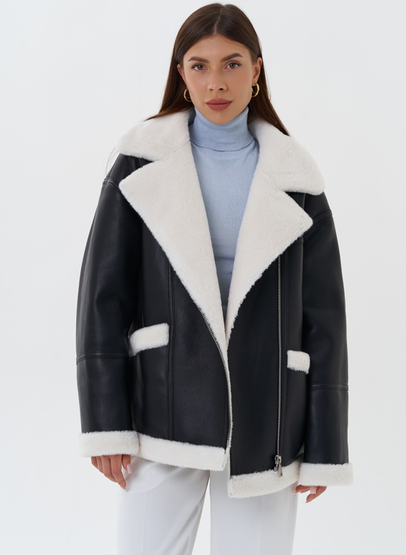 Дубленка из эко кожи черного цвета с черным эко мехом