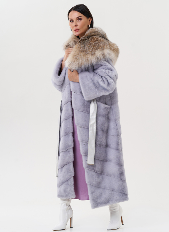 Женская норковая шуба с капюшоном из меха рыси