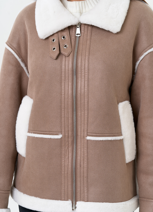 Женская дубленка из эко замши с воротником стойкой модель № 31504 универмаг малина