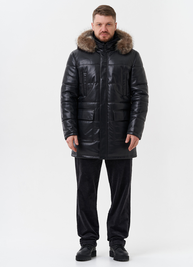 Пуховик из эко кожи с капюшоном из меха енота модель № 28584 в кредит