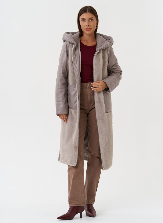 Комбинированный пуховик из эко кожи с капюшоном