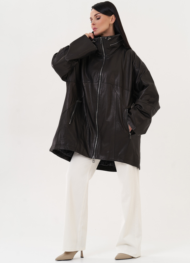 фото Кожаная удлиненная куртка черного цвета модель № 27142