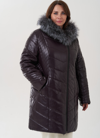 Пуховик из эко кожи с капюшоном на молнии