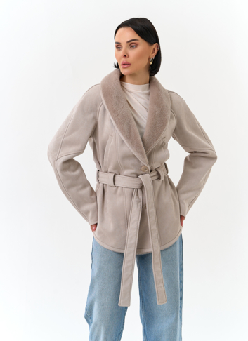 Женская дубленка из эко замши с поясом Женская дубленка из эко замши с поясом