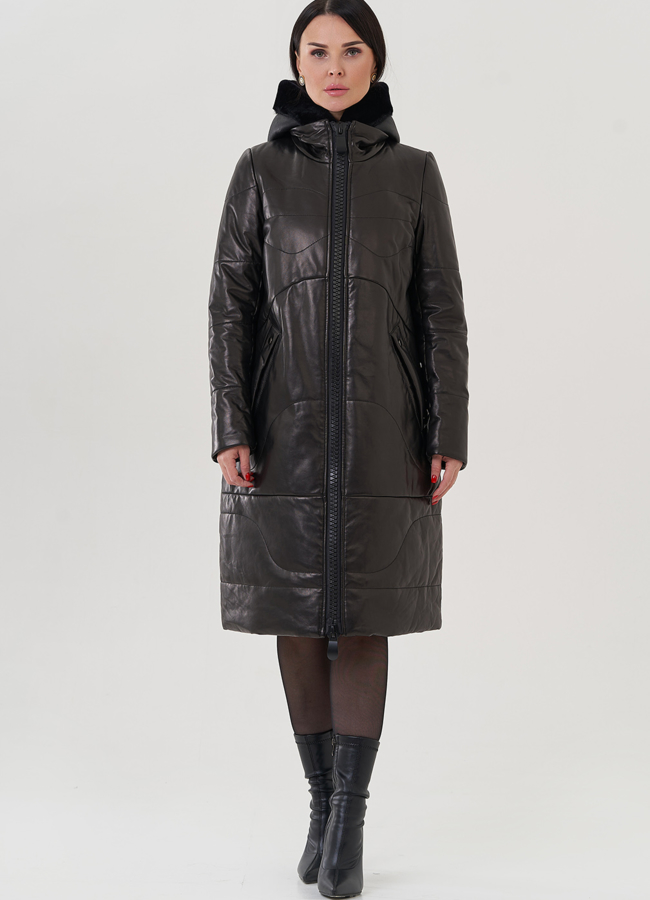 фото Пуховик из натуральной кожи на молнии с капюшоном модель № 19575