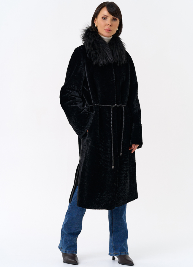 Женская двухстороняя дубленка с воротником из меха чернобурой лисы модель № 31932 универмаг малина