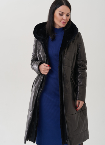 Пуховик из натуральной кожи на молнии с капюшоном