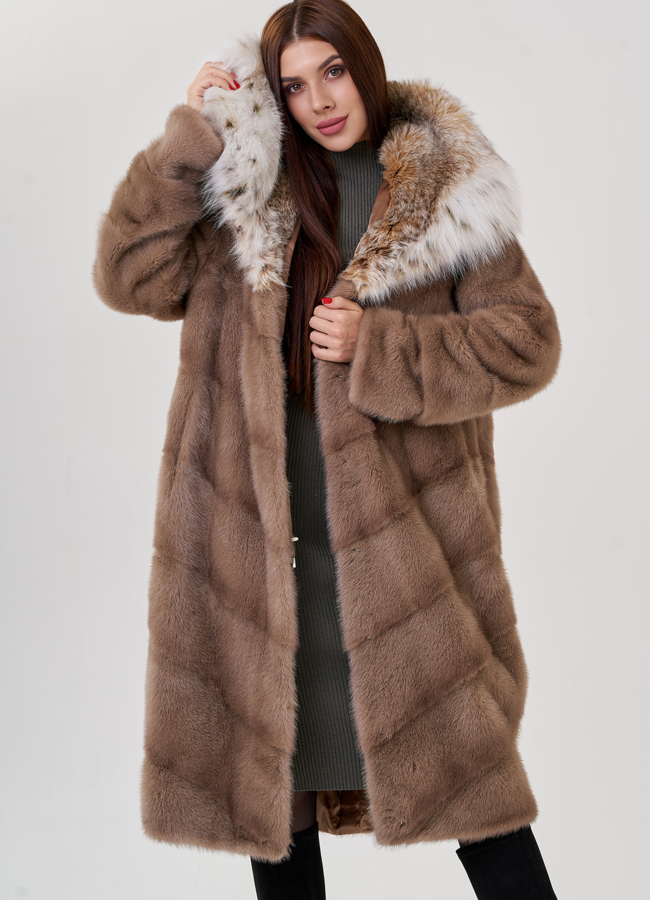 Норковая шуба с рысью модель № 25469 меха малина