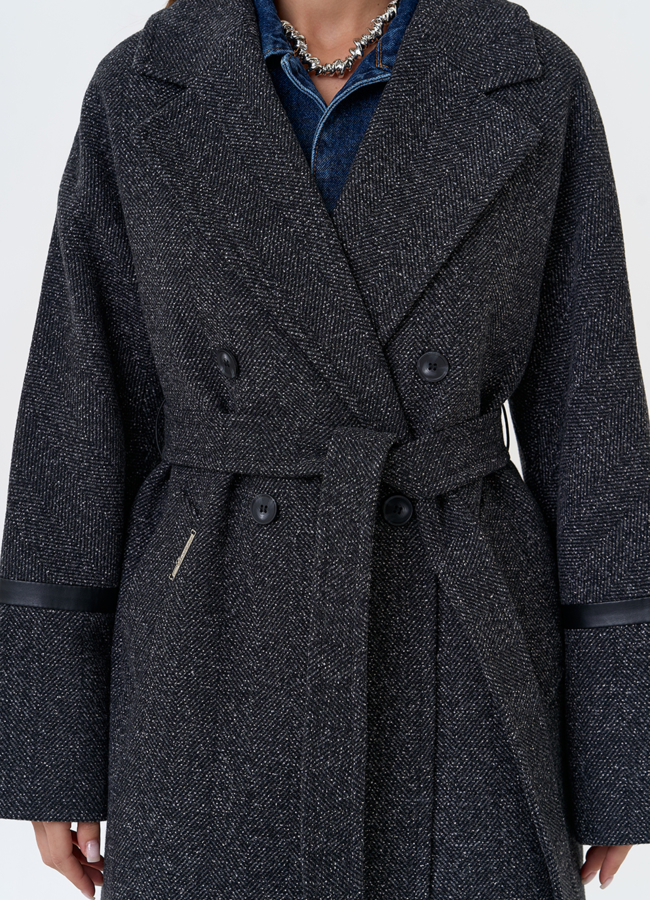 Женское пальто с отделкой из экокожи модель № 31336 универмаг малина