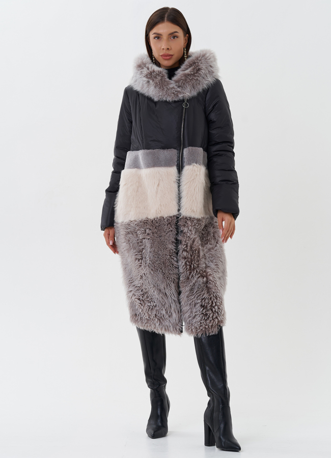 Комбинированный пуховик с овчиной модель № 26911 меха малина