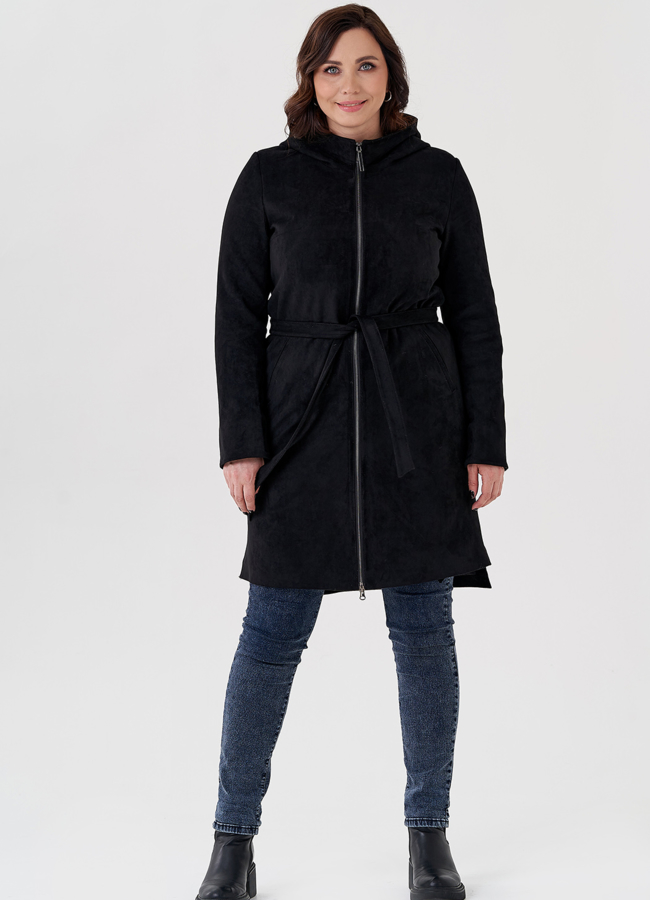фото Полупальто из эко замши на утеплителе с капюшоном модель № 80236