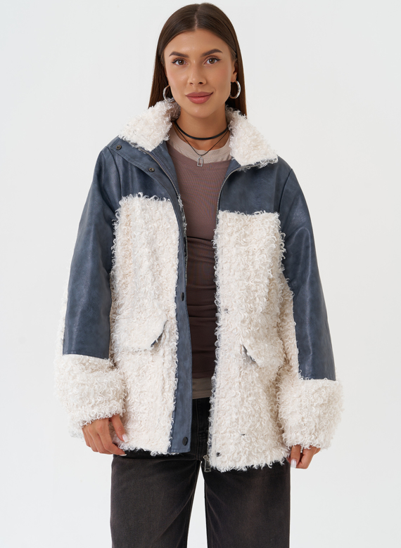 Жакет синего цвета с эко мехом