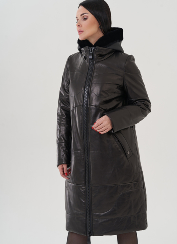 Пуховик из натуральной кожи на молнии с капюшоном