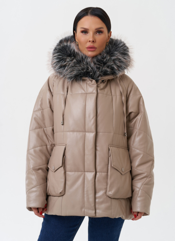 Пуховик из эко кожи с капюшоном из эко меха 