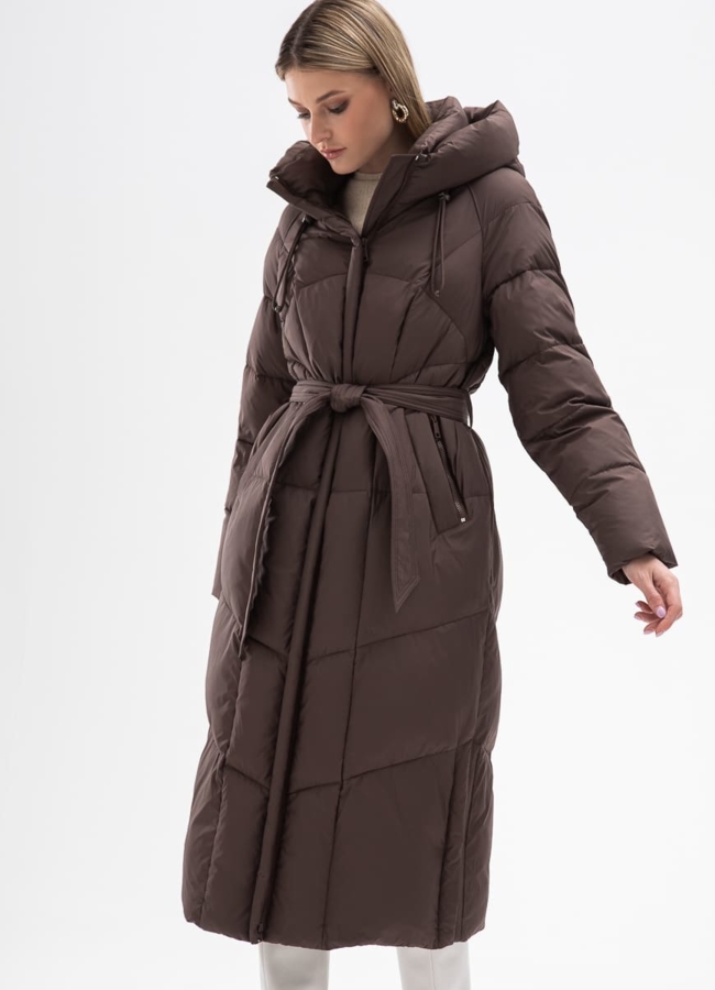 Женский пуховик с капюшоном и поясом модель № 31122 в рассрочку