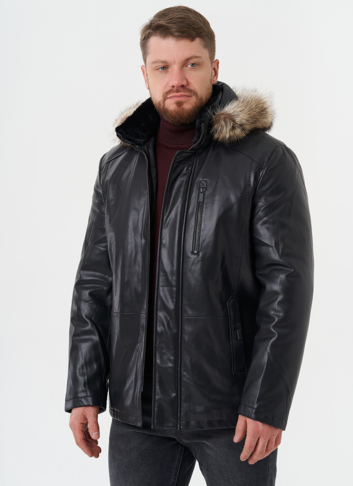 Пуховик из эко кожи с мехом енота