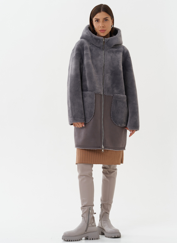 Двухсторонняя эко дубленка с капюшоном