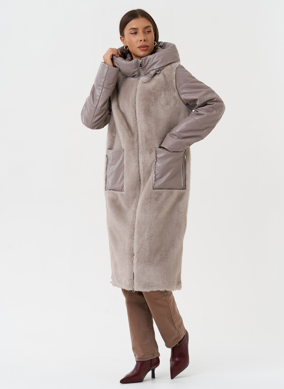 Комбинированный пуховик из эко кожи с капюшоном