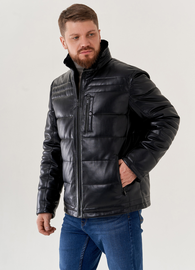 Мужской пуховик из эко кожи  модель № 79600 меха малина