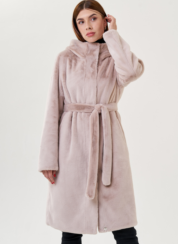 Двухстороннее пальто из эко меха с капюшоном