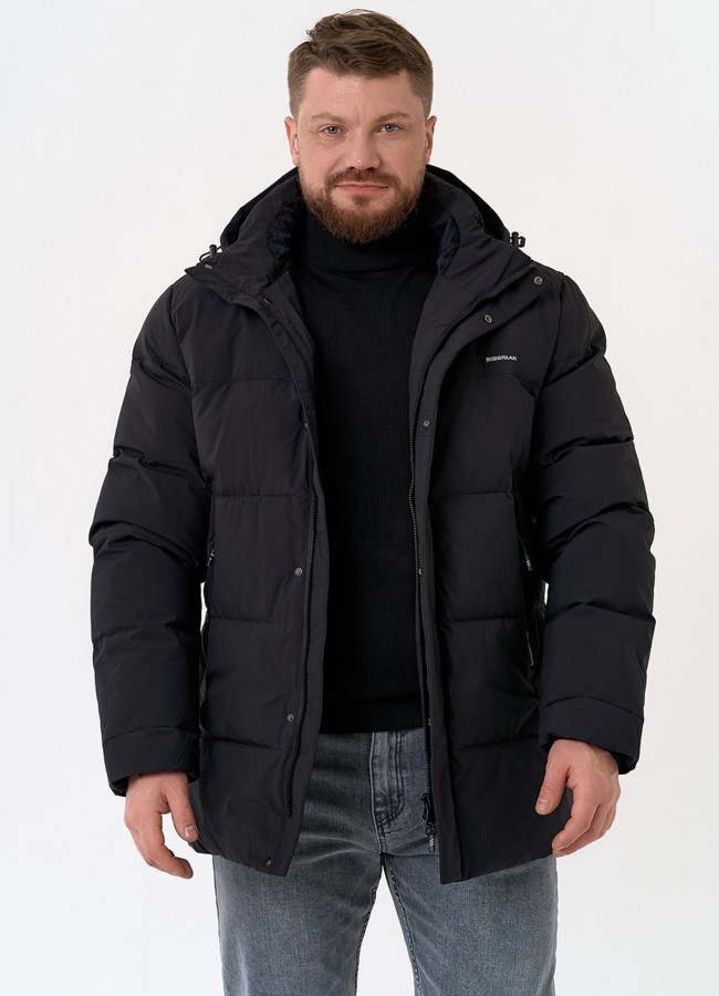 Мужской пуховик черного цвета с капюшоном модель № 31452 меха малина