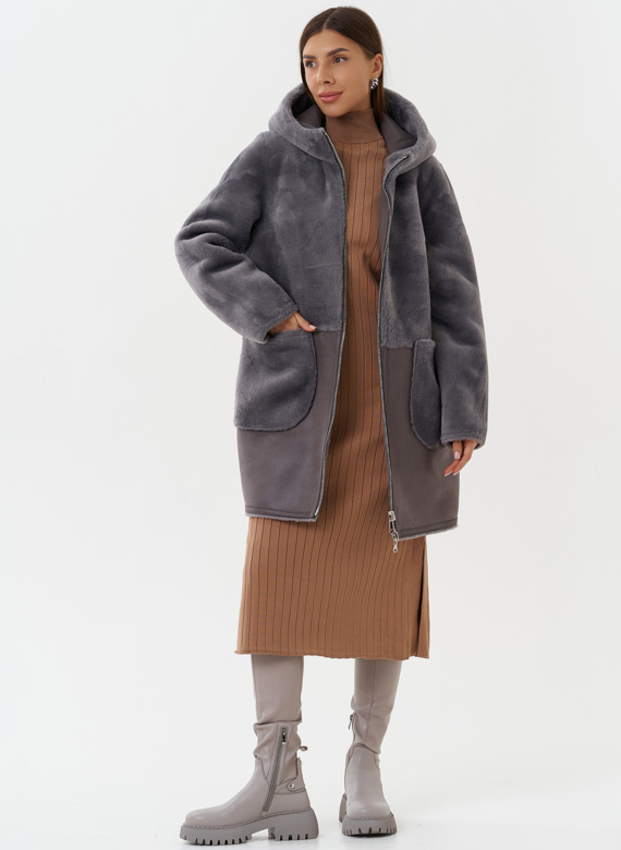 Двухсторонняя эко дубленка с капюшоном