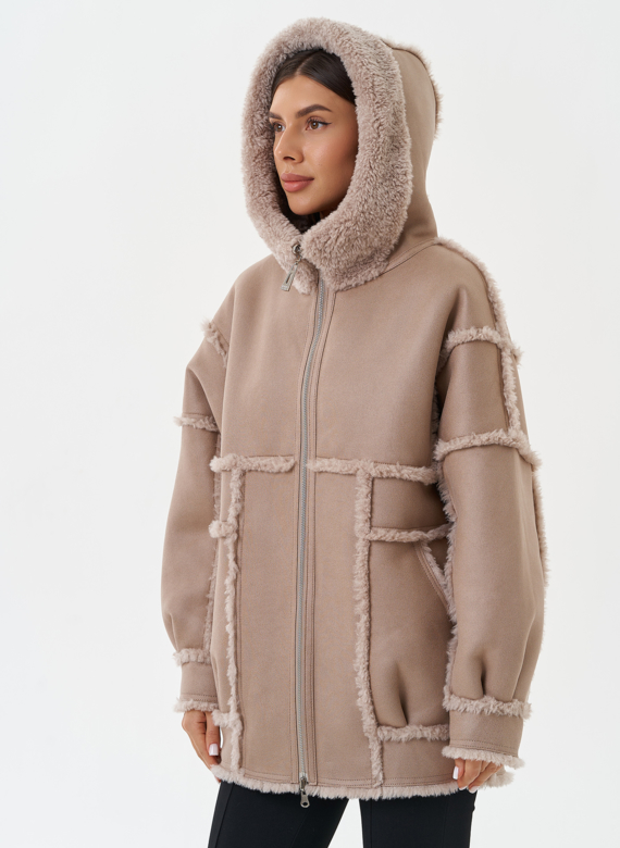 Двухсторонняя эко дубленка с капюшоном