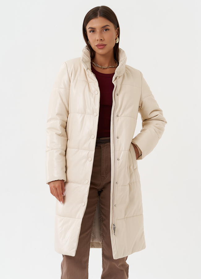 Пуховик из эко кожи на био пухе модель № 27704 универмаг малина