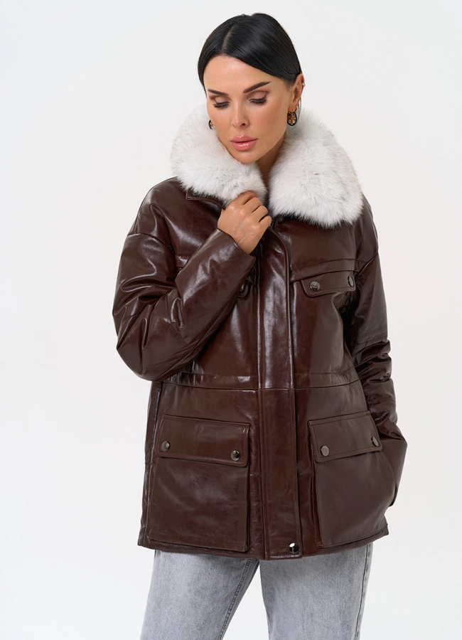 Коричневый кожаный пуховик модель № 31570 универмаг малина