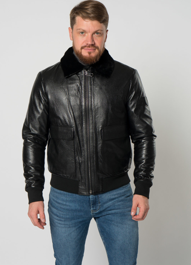 Мужская дубленка пилот в черном цвете модель № 21351 меха малина