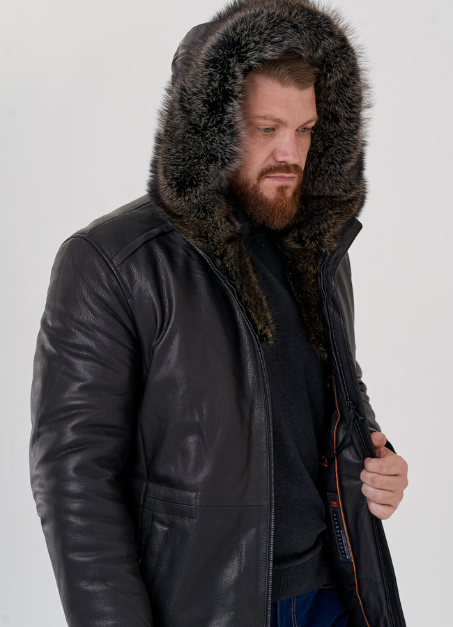 Мужской пуховик из натуральной кожи с мехом модель № 79173 универмаг малина