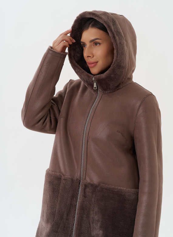 Двухсторонняя дубленка из эко кожи с капюшоном
