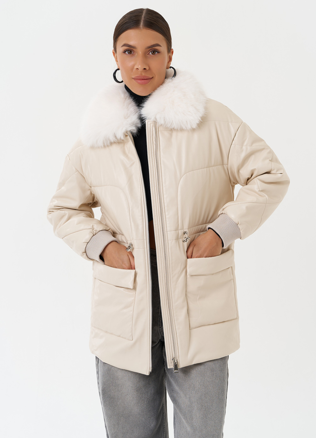 Пуховик из эко кожи с мехом песца модель № 25497 универмаг малина