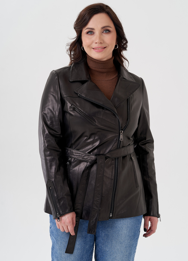 Женская кожаная куртка с поясом модель № 24093 меха малина