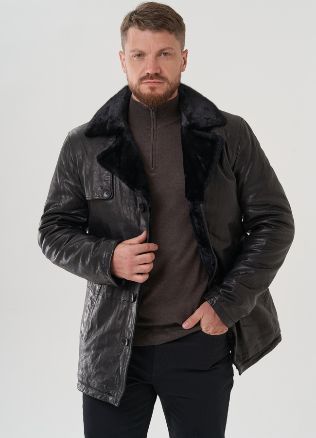 Мужская куртка из натуральной кожи черного цвета  модель № 82304 универмаг малина