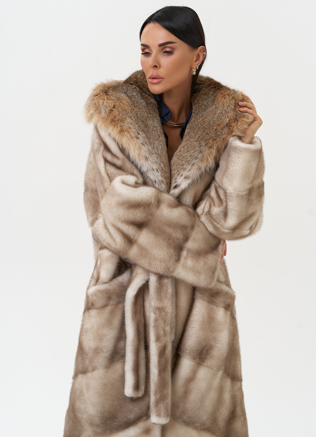 Женская шуба из меха норки с капюшоном из меха рыси модель № 31161 универмаг малина