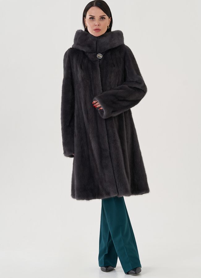 фото Норковая шуба годе/балетка в роспуск с капюшоном цвета графит модель № 25009