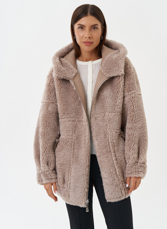 Двухсторонняя эко дубленка с капюшоном