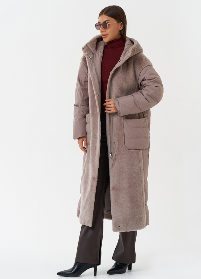 Комбинированное пальто с капюшоном модель № 28673 универмаг малина