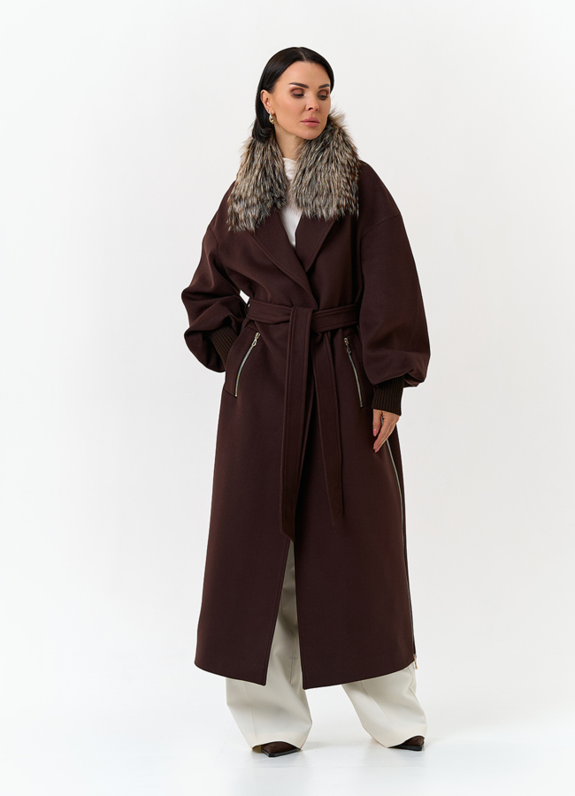 Женское длинное пальто с отделкой из меха лисы модель № 32857 универмаг малина