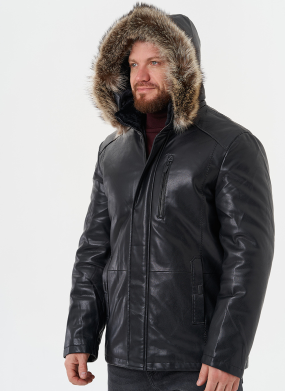 Пуховик из эко кожи с мехом енота