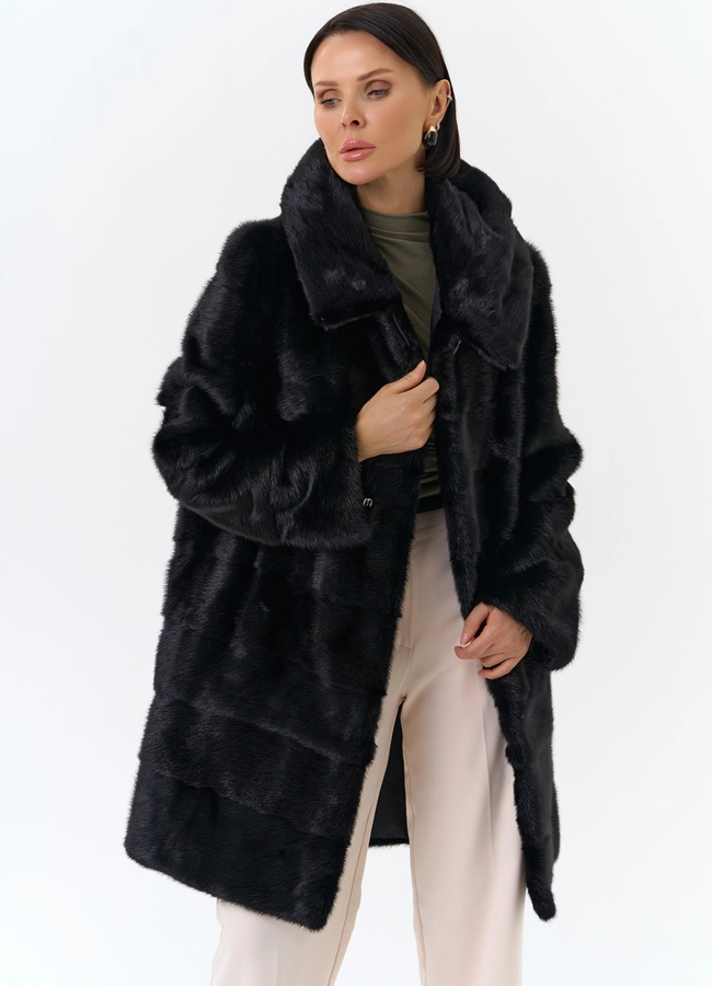 Шуба из норки с капюшоном черного цвета модель № 24727 универмаг малина фото