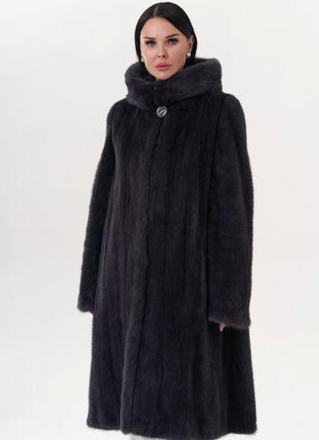 Шуба из норки классическая с капюшоном цвете графит