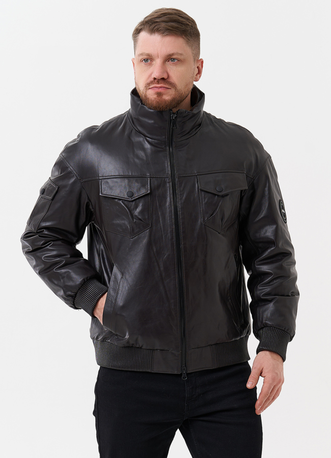 Мужской пуховик из натуральной кожи  модель № 28580 меха малина