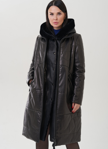 Пуховик из натуральной кожи на молнии с капюшоном